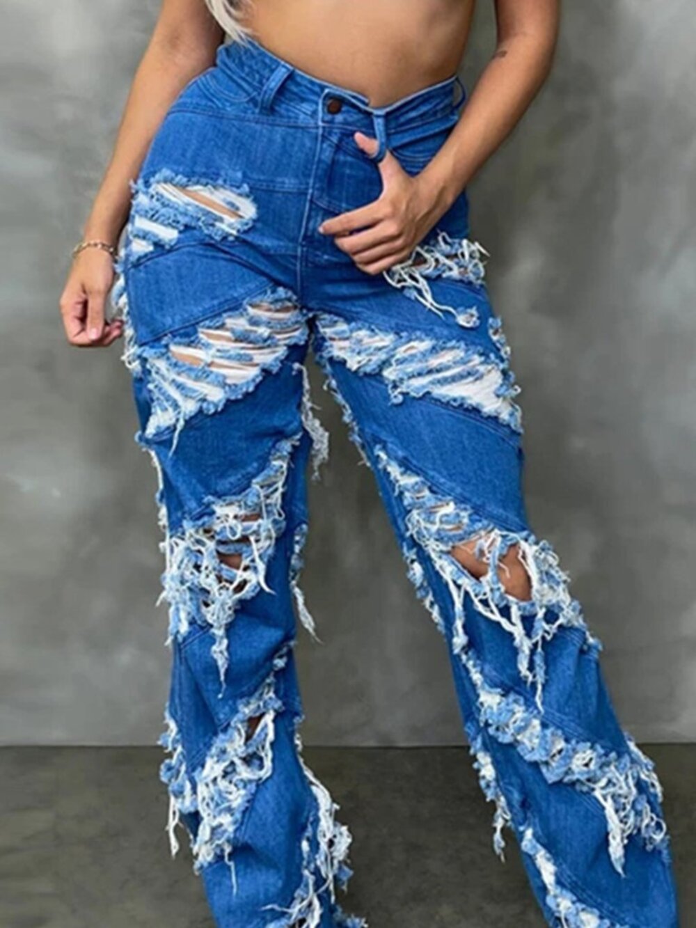 Heavily Distressed Denim Jeans( Tag XXL, Fits S/XS)